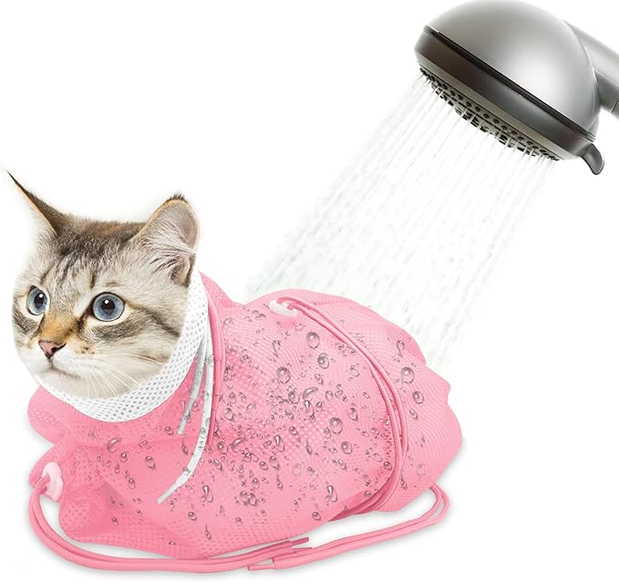Breathable Mesh Shower Bag - Anti Scratch Adjustable Grooming for Nail Trimming, Bathing - Polyester Soft Cat Washing (White-Pink)