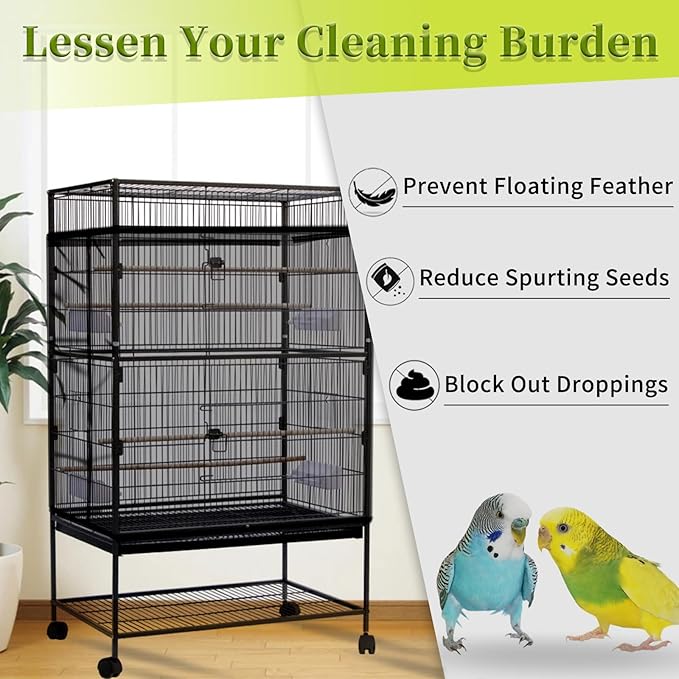 Daoeny Bird Cage Seed Catcher, Large Bird Cage Cover, Adjustable Soft Airy Nylon Mesh Net, Birdcage Cover Skirt Seed Guard for Parrot Parakeet Macaw African Round Square Cages (Black)
