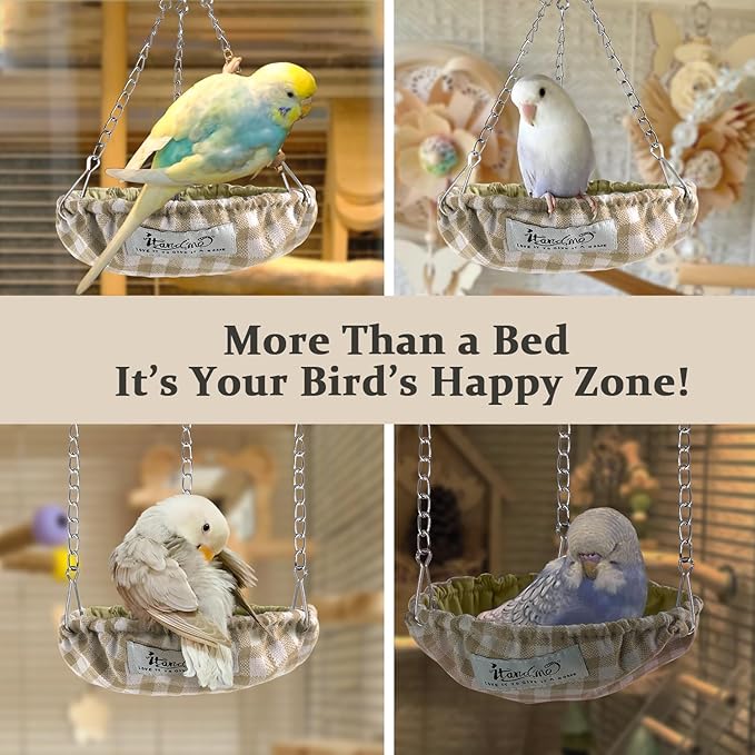 Waterproof Bird Bed with Adjustable Chain, Customizable Height Hanging Bird Hammock for Cage, Small Size Bird Nest with Durable Non-Collapsible Bottom, Bird Hut for Conures, Budgies (Khaki)