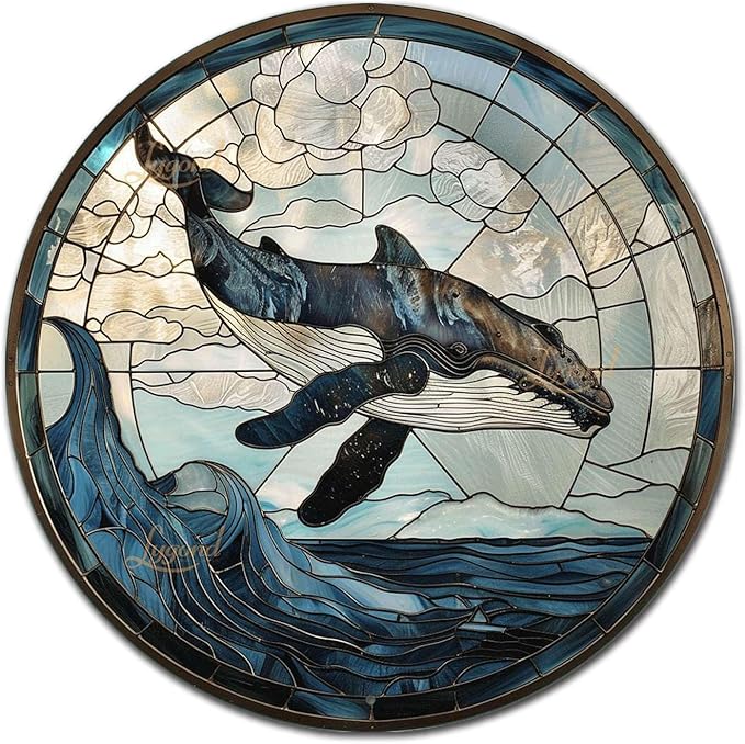 Lygond Metal Sign Tin Sign Circular Stained Glass Whale Bar Sign for Garage 8×8 Inches