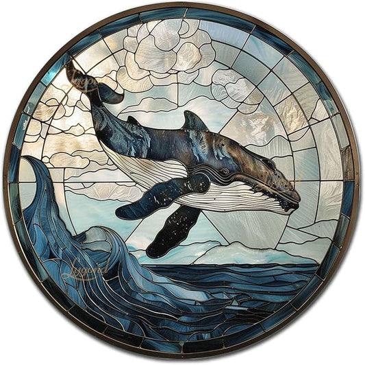 Lygond Metal Sign Tin Sign Circular Stained Glass Whale Bar Sign for Garage 8×8 Inches