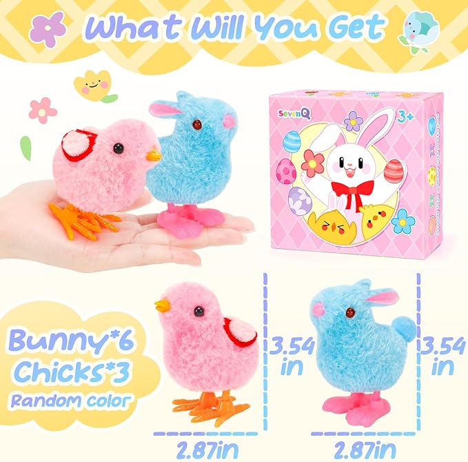 SevenQ Wind Up Toys for Kids Easter Basket Stuffers, 9Pcs Hopping Bunny Toys and Plush Chicks Jumping Small Fidget Toys for Easter Egg Fillers Goodie Bags Treasure Chest Party Favors Gifts