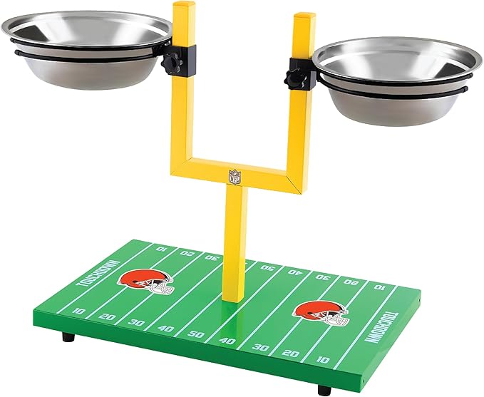 NFL Cleveland Browns Goalpost Football Field Dog Feeder – Adjustable Elevated Dog Bowls with Stand, 2 Stainless Steel Bowls, Non-Slip Rubber Feet, Raised Pet Feeder for Large & Small Dogs, Cats.