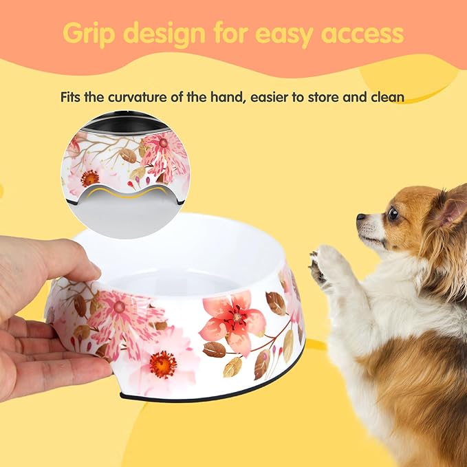 2 in 1 Food Water Bowls - Non Slip Skid Proof Heavy Duty Pet Bowls for Feeding Drinking Small Medium Large Dogs Cats Puppies (Pink Flower, L:28 OZ)