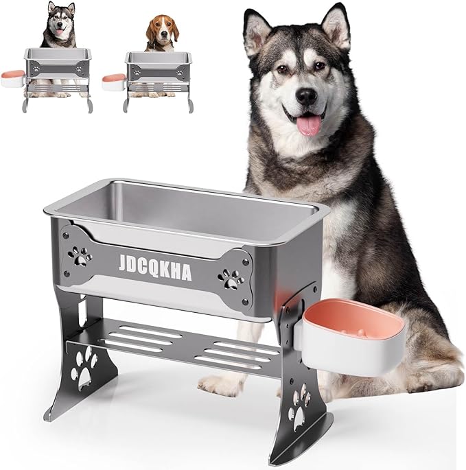 1.5 Gallon Elevated Large Dog Water Bowl, 2 Height Adjustable Stainless Steel Raised Dog Water Bowl Stand for Large Breed, Metal Pet Bowl Stand for Relief Joint Pressure, Easy Clean (Gray)