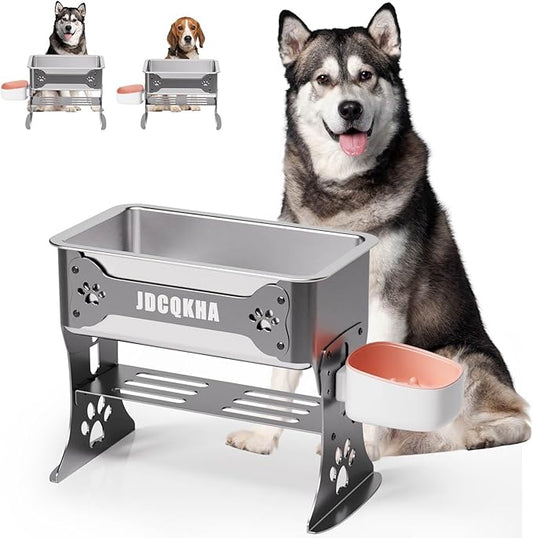 1.5 Gallon Elevated Large Dog Water Bowl, 2 Height Adjustable Stainless Steel Raised Dog Water Bowl Stand for Large Breed, Metal Pet Bowl Stand for Relief Joint Pressure, Easy Clean (Gray)