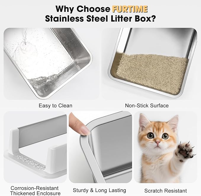 FURTIME Stainless Steel Cat Litter Box with Lid – High-Sided Metal Litter Pan for Small Cats, Kitty Litter Box Non-Stick, Odor-Resistant, Anti-Urine Leakage, Easy to Clean, Includes Scoop and Mat