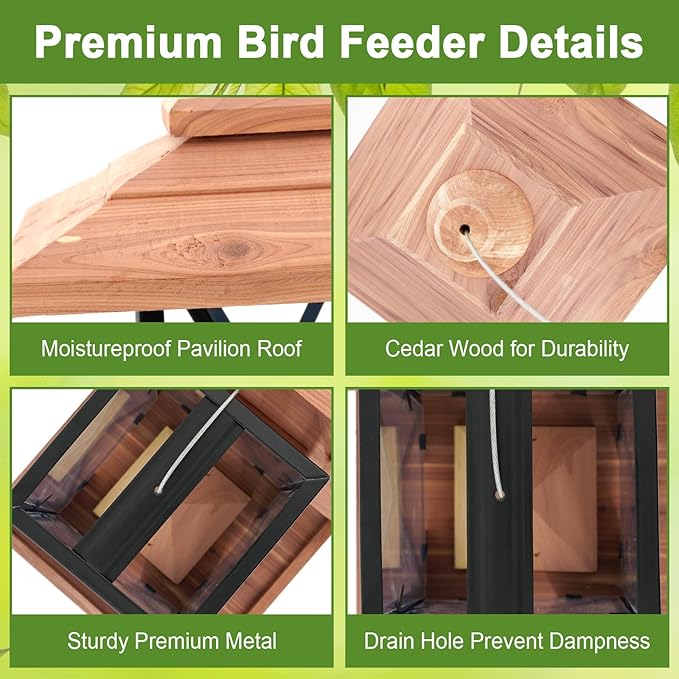 Cedar & Metal Mesh Bird Feeder for Outdoors Hanging Mount Large Capacity, Black Wooden Garden Roof Feeder Lantern Style, Cardinal Bluebird Birdfeeder with Iron Mesh Wall for Garden Decor Durable