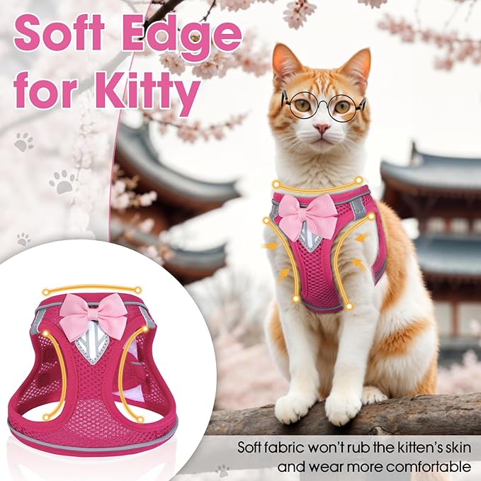 Cat Vest Harness and Leash Set for Walking Escape Proof, Adjustable Kitten Harness Breathable Mesh with Reflective Strips Harness for Kitty Puppy Bunny (Pink,XS)