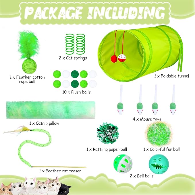 24 Pcs Cat Toys Set Interactive Kitten Toys Pack Including Collapsible Play Tunnel Feather Teaser Wand Fuzzy Ball Springs Pillow Mouse Bells for Indoor Cats Puppy (Green)