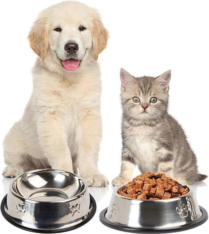 Hamiledyi Stainless Steel Dog Cat Bowl with Rubber Base 4 Pack Pet Feeder and Water Bowls Stackable Non-Slip Puppy Dishes for Small Medium Animals Kitten Rabbit