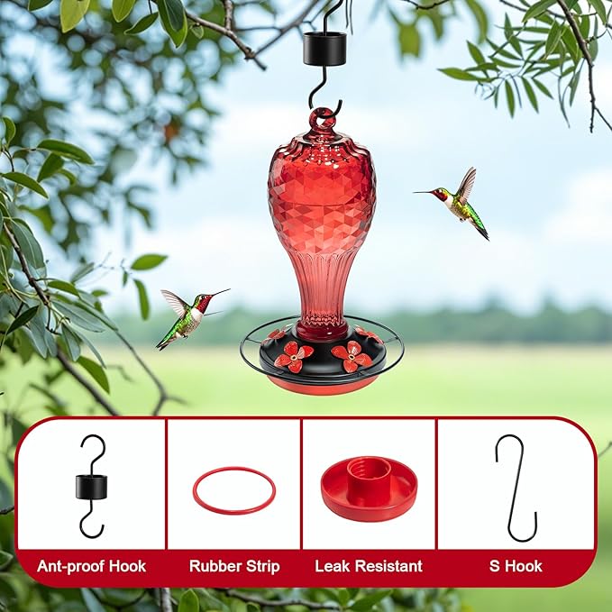 Glass Hummingbird Feeder for Outdoors with Ant Moat - Hand Blown Humming Bird Feeder, 5 Feeding Ports, Leak-Proof, 20 Ounces, Elegance Garden Decoration, Gift for Mom Dad Elderly