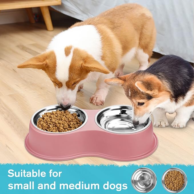 Dog Bowls Double Dog Water and Food Bowls Stainless Steel Bowls with Non-Slip Resin Station, Pet Feeder Bowls for Puppy Medium Dogs Cats
