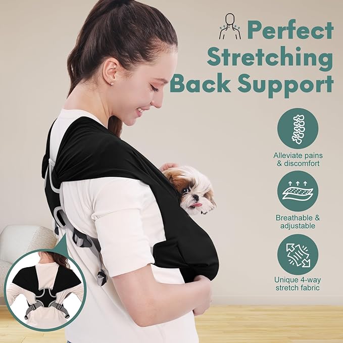 Supet Dog Sling Carrier for Small Pets, Hands Free Cat Sling, Reducing Back Neck Pain Anti-Anxiety Puppy Front, Adjustable Soft Dog Carrying (Black, Regular)