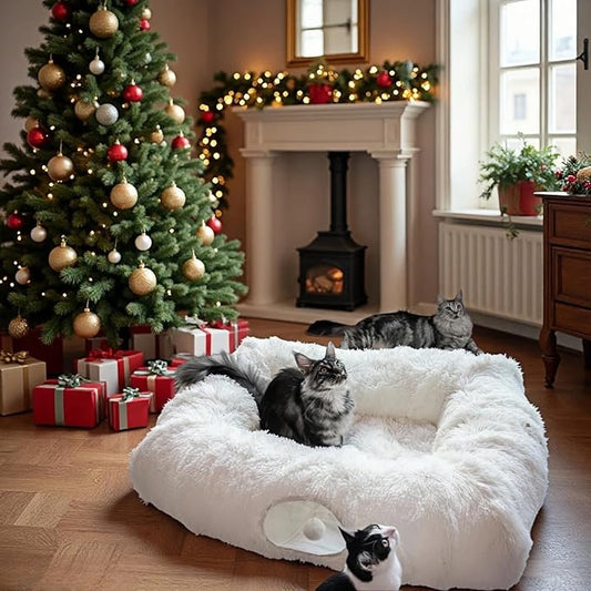 XxingSheep 4 Cave Shuttled XL Cat Tunnel Bed for Indoor Cats Peekaboo Toy Donut with Warm Mat, White