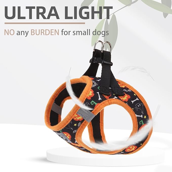 PUPTECK Adjustable Dog Harness Collar and Leash Set Step in No Pull Pet Harness for Small Medium Dogs Puppy and Cats Outdoor Walking Running, Soft Mesh Padded Reflective Vest Harnesses, Halloween, S