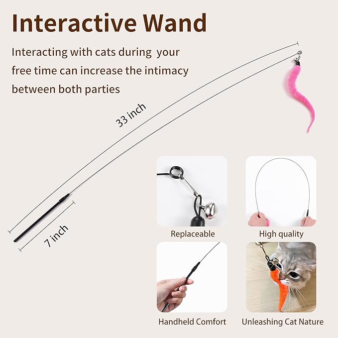Interactive Cat Toys, 1 Interactive Wand, 8 Assorted Teaser Refills and 3 Indoor Cat Hanging Interactive Toy Suitable for Bored Adult Cats and Kittens Play Chase Exercise