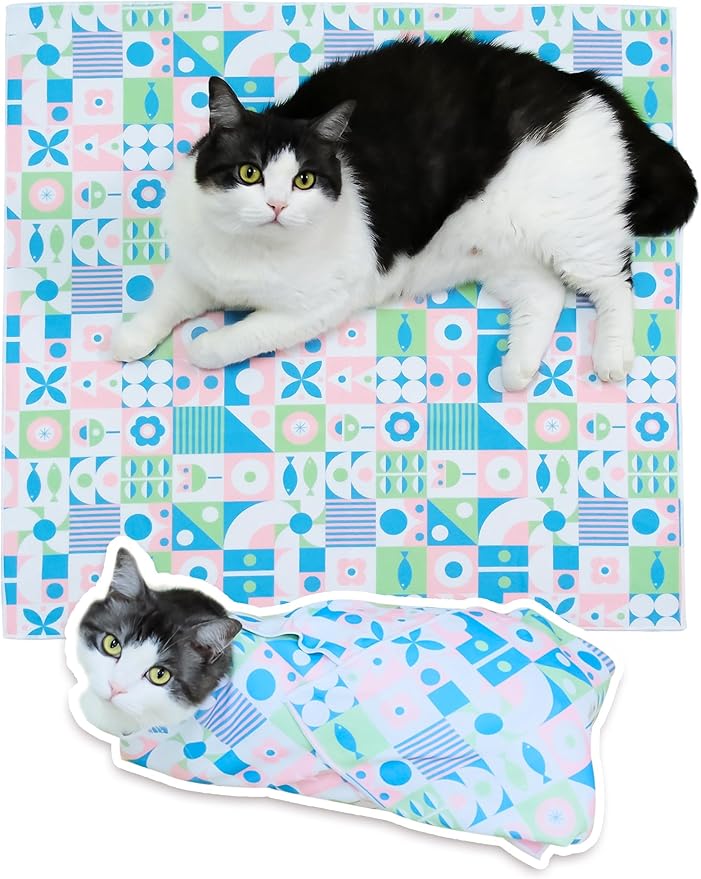 Cat Grooming Wrap for Cutting Nails, 31.5" Anti-Escape Calming Cat Swaddle Wrap for Medicine, Nail Clipping, Teeth Brushing, Ear Cleaning, Self-Adherent Burrito Restraint, (Geometric Fish, XL)