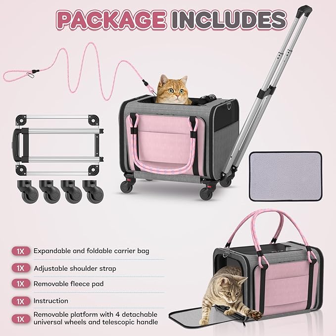 Pet Carrier with Wheels Airline Approved: Expandable Rolling Cat Carrier for Small Dog Under 25lbs - Cat Soft Carrier Pet Travel Bag TSA Approved Under Seat for Airplane Transport Flight