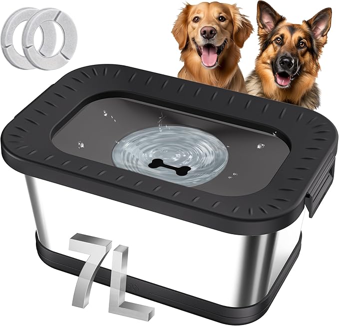 Decflow 7L Stainless Steel Dog Water Bowl, No Spill Anti-Splash Dog Bowls with Anti-Skid Mat, Spill-Proof Slow Feeder for Messy Drinkers, Heavy Duty Pet Bowls for Indoor/Outdoor Use Black