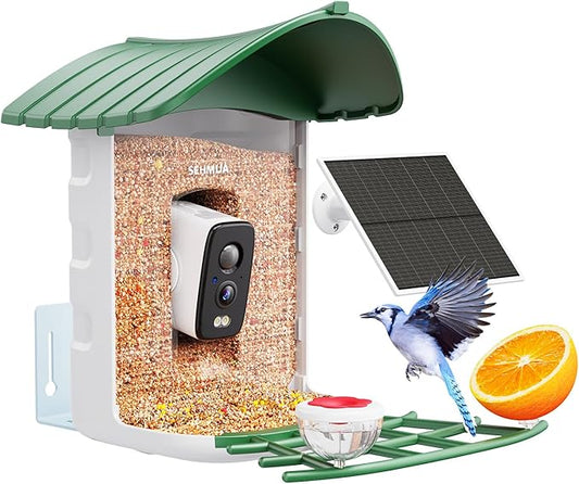 Bird Feeder with Camera, 1 Year Trial AI Identify, Birds Watching Camera with 4 DIY Add-ons, Smart Birds Cam with Solar Panel for Outdoor, Auto Record Videos, Gift for Bird Lover