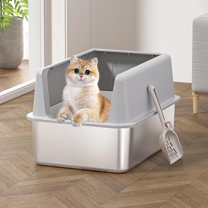 Stainless Steel Cat Litter Box with Lid,XL,19.7” L x 13.8” W x 11.8”H Deep,Large Metal Litter Box with High Side,for Small and Large Cats,Anti-Leakage Non-Sticky Easy Cleaning Include Litter Scoop