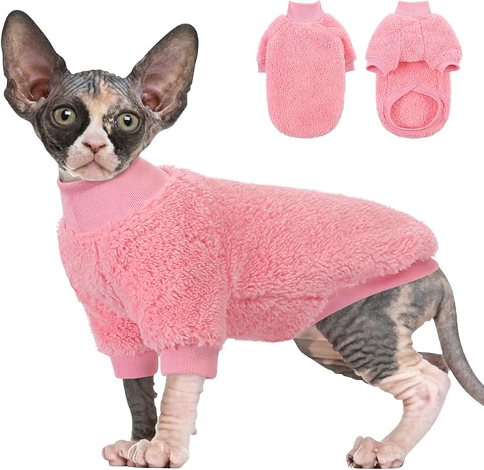 SUNFURA Sphynx Cat Sweater, Hairless Cats Turtleneck Pullover Kitten Sweaters for Cats Only, Warm and Soft Cat Pajamas Shirt with Sleeves Pet Winter Clothes Fleece Jumpsuit for Puppy, Pink M