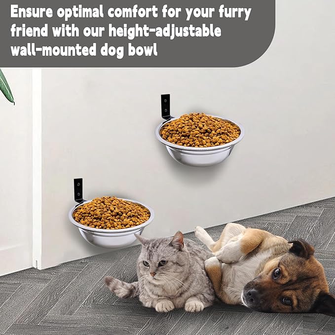 Wall Mounted Dog Bowls-2 * 16 Oz, Stainless-Steel Raised Adjustable Height Dog Food and Water Bowls, Elevated Pet Comfort Feeding Bowl for Medium Large Dogs Cats(Collapsible)