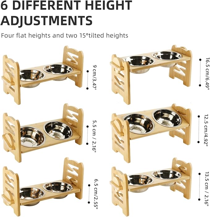 Elevated Dog Bowls, Adjustable Raised Dog Bowl Stand with 2 Stainless Steel Dishes and 1 Slow Feeder Bowl, Durable Bamboo Dogs Feeding Station for Small Medium Dogs/Cats