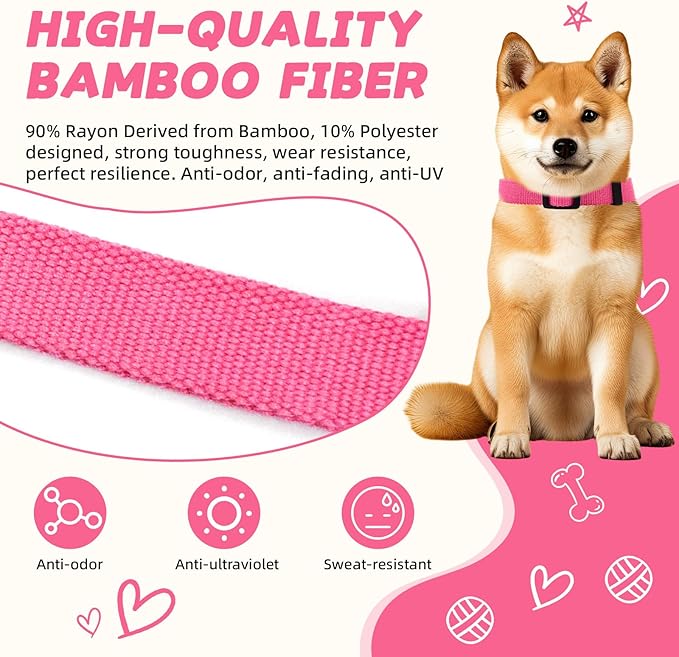 Rose Pink Dog Collar for Large Dog, Breathable, Anti-Odor & Soft, Comfortable for Sensitive Skin Puppies, 90% Bamboo Rayon, Adjustable Quick-Release Buckle Pet Collar for Large Breeds