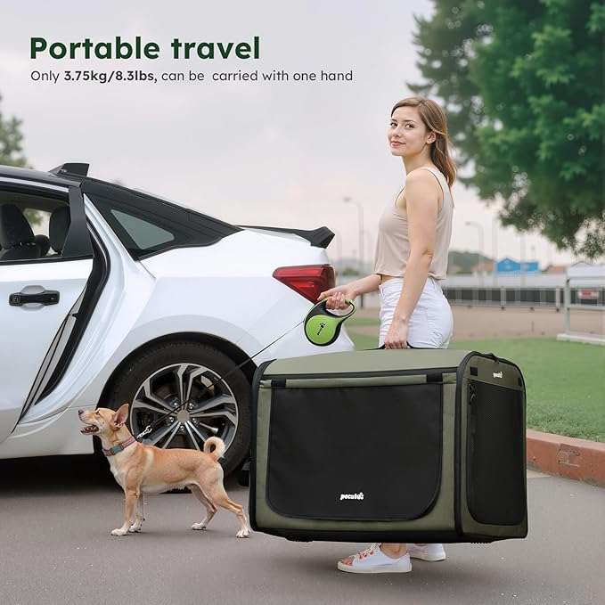 Large Dog Car Carrier Light Weight, 27×20.5×20.5ins Dog Carrier for Cars, Portable Dog Car Crate with Breathable Windows, Stable Pet Carrier for Both Indoor and Outdoor Use, Pet Travel Crate Green