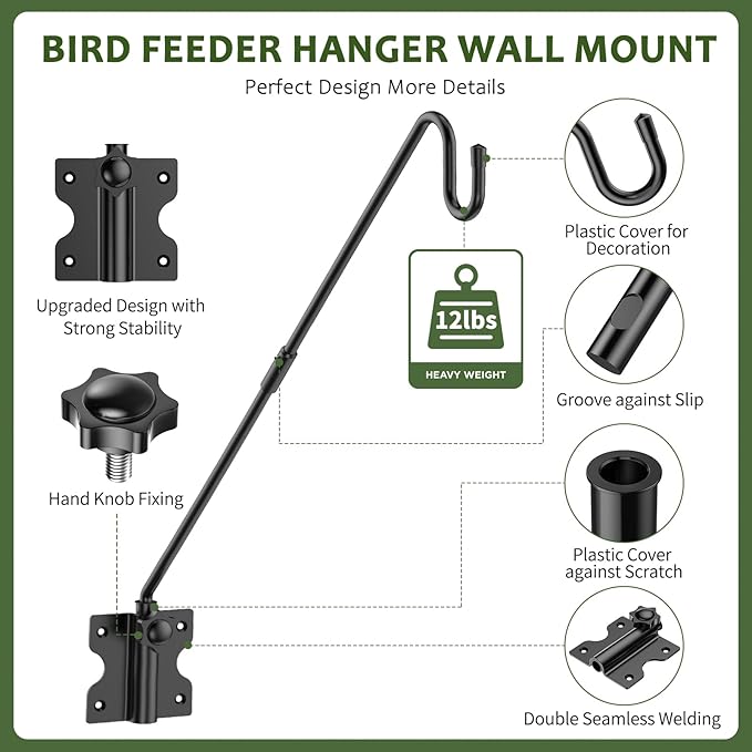 Wall Mount Heavy Duty Deck Hook-28 Inch Extended Reach Plant Hangers Outdoor -Bird Feeder Hanger for Deck Railing-Fence Plant Bracket Hooks for Hanging Hummingbird Feeders,Lanterns, More