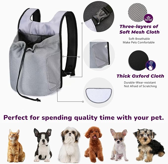 Dog Front Carrier Backpack,Ventilated Mesh Puppy Back Pack with Safety Belt,Adjustable Breathable Pet Carrier for Small Dogs Cats,Lightweight Doggy Backpack for Hiking Cycling Outdoor