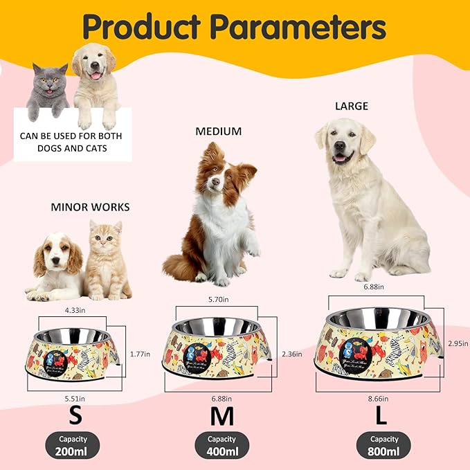 Pet Cats Dogs 2 in 1 Food Water Bowls - Non Slip Skid Proof Heavy Duty Pet Cats Dog Food Water Bowls for Feeding Drinking Small Medium Large Dogs Cats Puppies- Cartoon Animal World-S