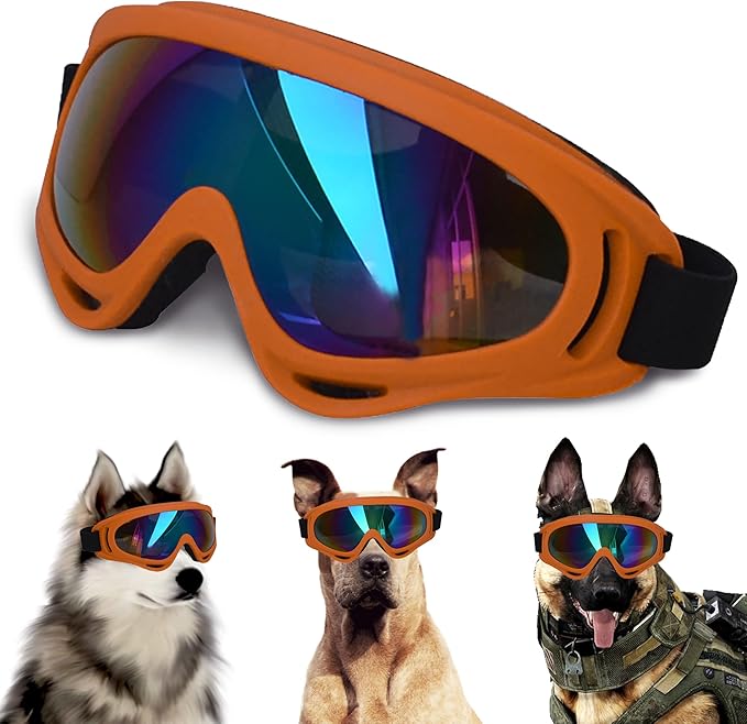 Large Dog Sunglasses With Adjustable Strap UV Protection, Windproof Puppy Eyewear, Suitable for Medium-Large Pets, Eyes Protection, Soft Goggles (Orange Frame)