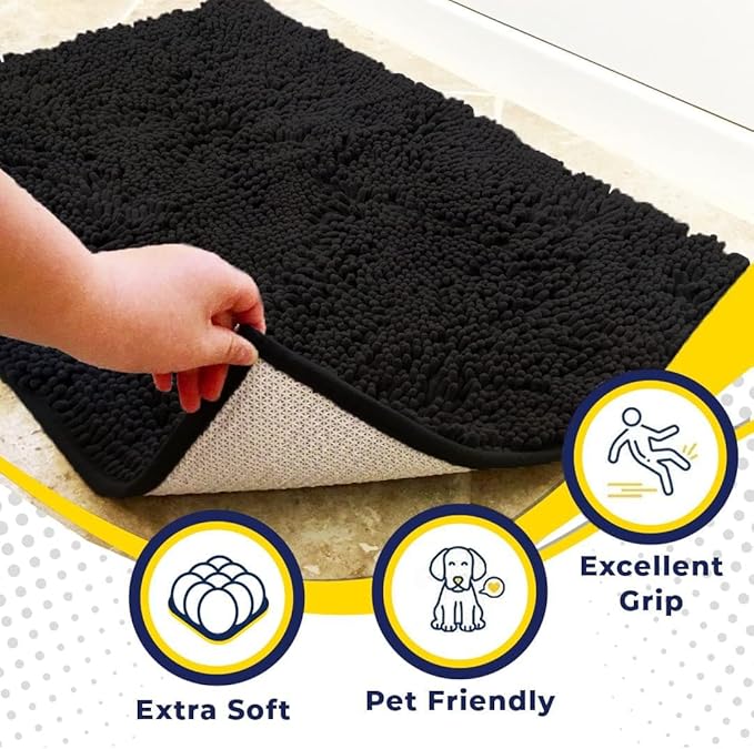 Muddy Mat® AS-SEEN-ON-TV Highly Absorbent Microfiber Door Mat and Pet Rug, Non Slip Thick Washable Area and Bath Mat Soft Chenille for Kitchen Bathroom Bedroom Indoor and Outdoor - Black XXXL 72"X48"