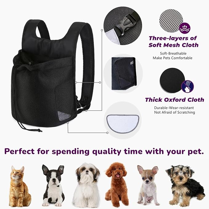 Dog Front Carrier Backpack,Ventilated Mesh Puppy Back Pack with Safety Belt,Adjustable Breathable Pet Carrier for Small Dogs Cats,Lightweight Doggy Backpack for Hiking Cycling Outdoor
