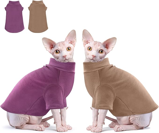 Idepet Sphynx Cats Sweater 2 Pack,Turtleneck Hairless Cat Shirt Soft and Warm Kitten Clothes with Sleeves Pullover Pet Winter Pajamas Jumpsuit for Cat Puppy (Purple&Brown, Medium)