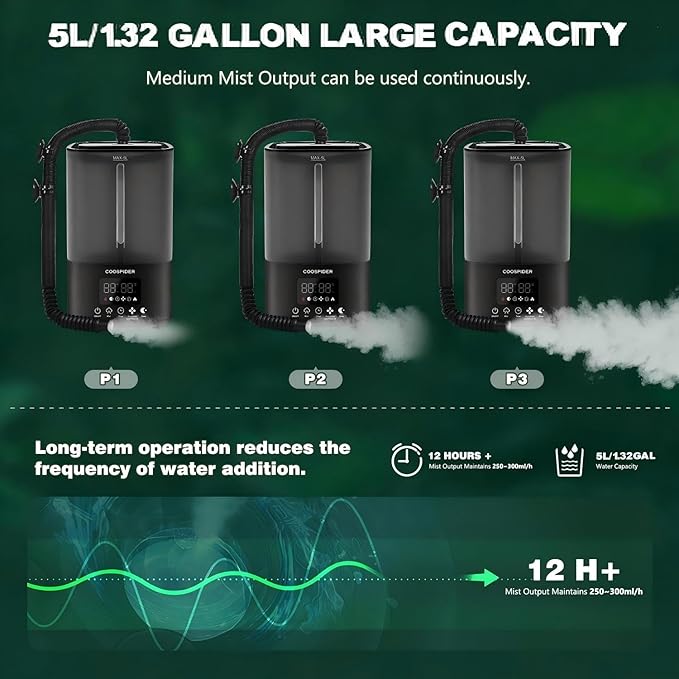 Coospider 5L Reptile Fogger Humidifier, Automatic Humidifiers for Reptiles Tank, Terrarium Humidifiers with Timer and Humidity Control, Reptile Misting System for Reptiles Amphibians Herps Vivarium