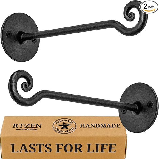 RTZEN Plant Hangers Outdoor or Indoor - Wrought Iron Metal Hanger Indoor Hook - Heavy Duty Wall Bracket Hooks for Hanging Plants Baskets Lanterns Wind Chimes - 2 Pack (Black Swirl Hooks)