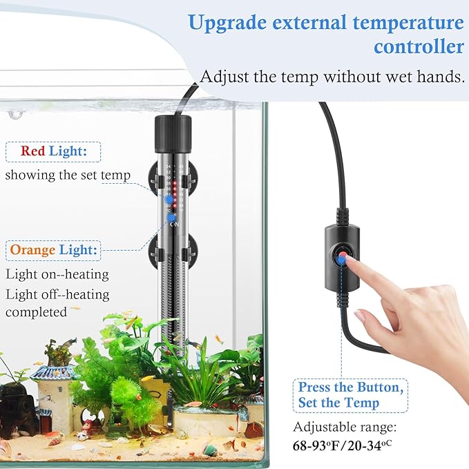 HITOP Thickened Glass Aquarium Heater: 50W 100W 300W Upgraded Fish Tank Heater with Controller, Fish Tank Thermostat Heater for Seawater/Fresh Water 5-65Gal
