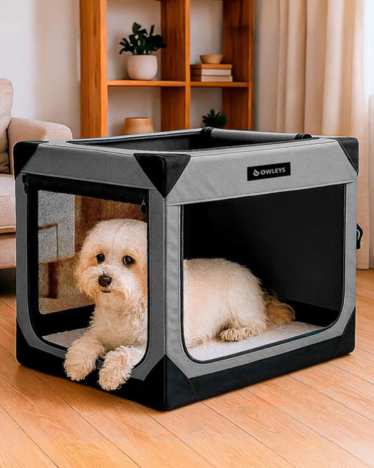Owleys Dog Crates for Small Dogs – 27.5" L x 20" W x 20.5" H Pop Up Kennel for Medium Dogs, Portable Indoor Pet Crate - Portable with Mesh Windows - Grey Color