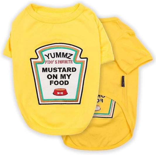Parisian Pet Dog Shirt - Embroidered “Mustard on My Food“ - 100% Cotton and Polyester Dog Clothes - Sleeved, Lightweight Costume for Dogs - Yellow Dog Shirts for Medium-Sized Dogs - Pet Costumes - M