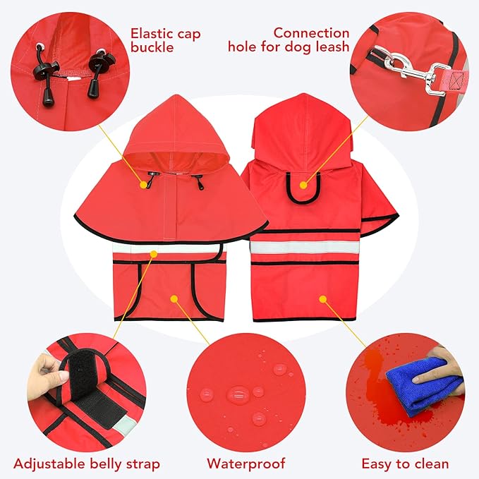 Waterproof Dog Raincoats - Hooded Raincoats for Dogs, Adjustable Reflective Dog Rain Coat, Windproof Dog Rain Jacket Pet Rain Slicker Poncho for Small, Medium, Large Dogs (Red, Large)