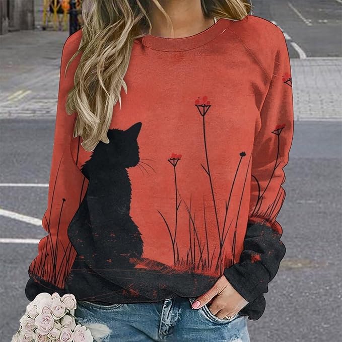 Long Sleeve Shirts for Women Cat Oil Painting Shirt 3D Graphic Sweatshirts Fall Pullover Crewneck Vintage Boho Tops