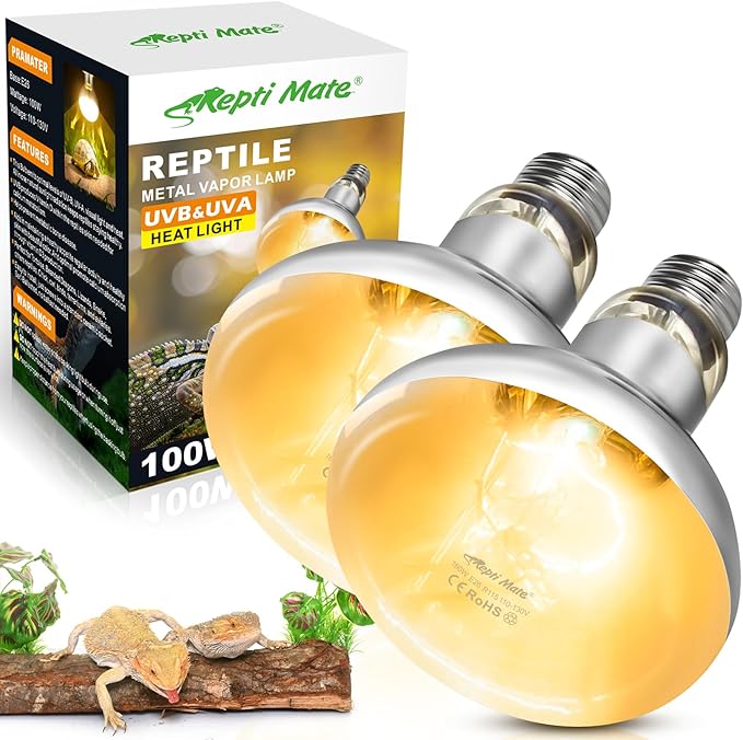 2 Pack 100W Reptile Heat Lamp Bulbs, Full Spectrum UVA/UVB Reptile Light Bulb and Basking Spot Light, UVB Light for Reptiles and Bearded Dragon, Turtle, Lizard, Snake, Amphibians