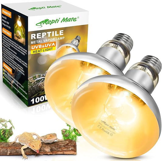 2 Pack 100W Reptile Heat Lamp Bulbs, Full Spectrum UVA/UVB Reptile Light Bulb and Basking Spot Light, UVB Light for Reptiles and Bearded Dragon, Turtle, Lizard, Snake, Amphibians