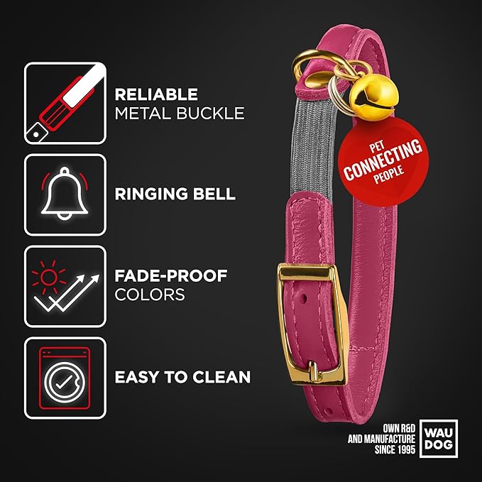WAUDOG Ultra Soft Rolled Leather Cat Collar with Removable Bell, Safety Elastic Strap and QR ID Tag - Soft Padded for Small, Medium, and Large Cats - Round Kitten Collar for Male and Female Cats