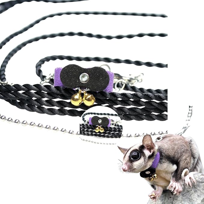 Sugar Glider Traction Rope Strap Anti-Biting Chain Rope, Small Animal Walking Collar Harness with Lead Leash for Hamster Gerbil Rat Mouse Ferret Chinchilla Squirrel (Black with Purple)
