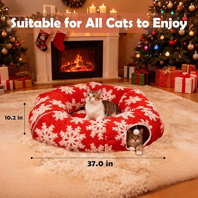 Cat Tunnel Christmas Tree Skirt,Christmas Tree Cat Tunnel for Indoor Cats,Cat Tunnels Tree Skirt,Soft Peekaboo Hideway Bed Cave Donut Toys Circle Tunnels for Kittens & Large Cats (Red)